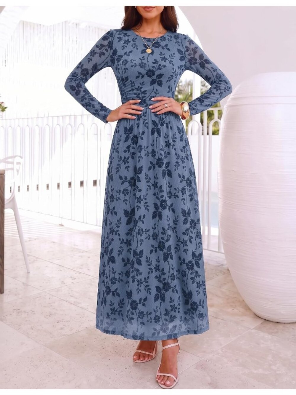 Women's Dusty blue Crewneck Maxi Long Sleeve Elegant Slimming Cocktail Dresses - Picture 6 of 6